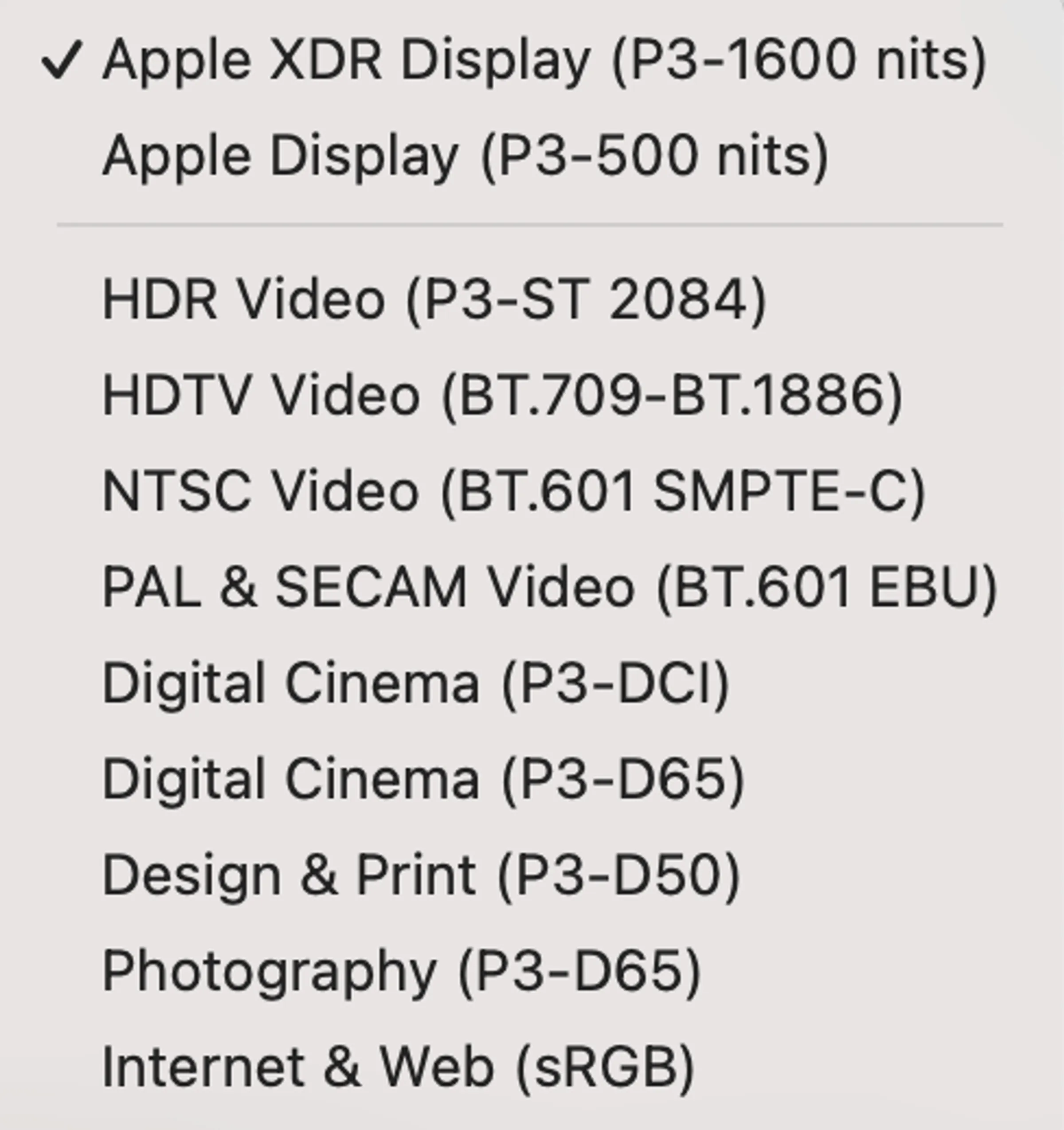 A screenshot of Apple’s monitor color space settings