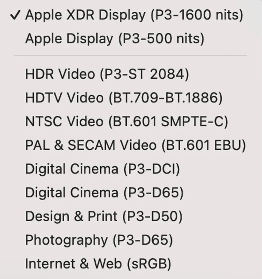 A screenshot of Apple’s monitor color space settings