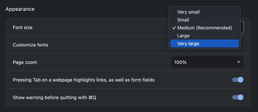 A screenshot from Chrome settings showing an active 'font size' menu, with 'very large' selected.