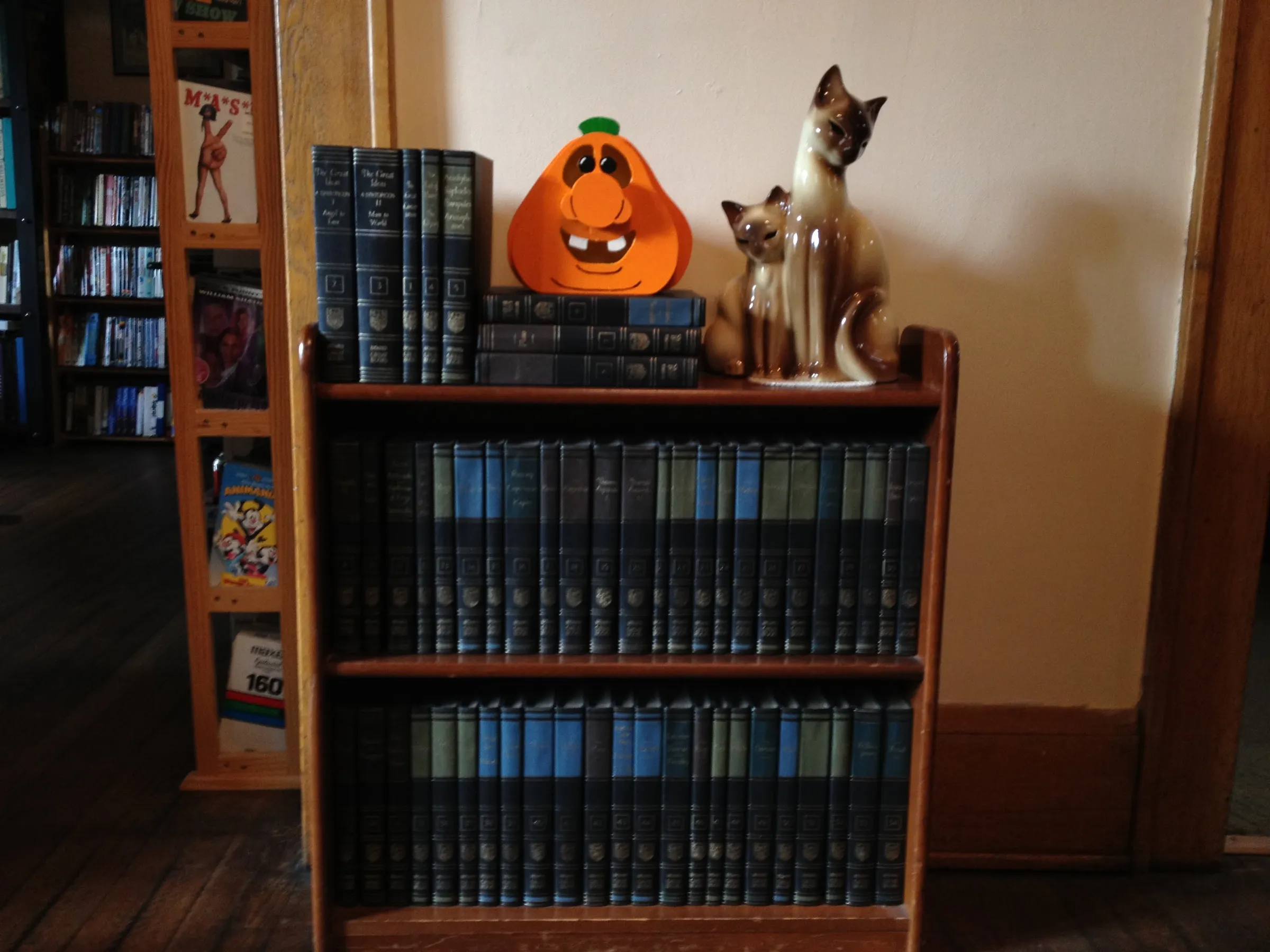 A bookshelf showing a complete set of the Great Books of the Western World, a wooden jack-o-lantern, and a ceramic lamp shaped like a pair of siamese cats. Off to the side you can see a couple of media shelves with variety of DVDs.