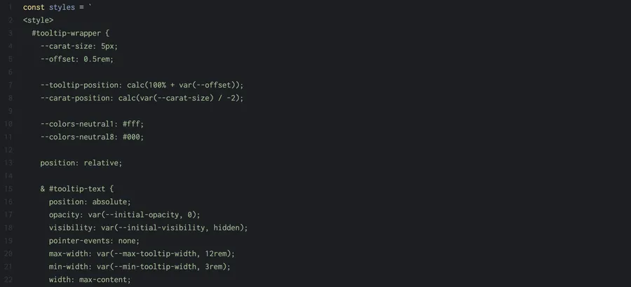 A picture of a code sample showing CSS being assigned to a string, but without any visible syntax coloring.